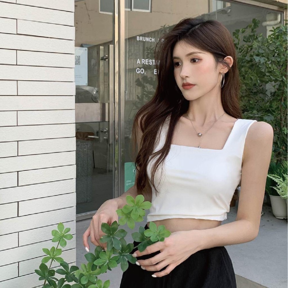 【Helena】冰絲方領背心 寬肩吊帶背心 胸墊運動外穿夏季內搭衣 露臍短款打底上衣 背心 上衣女【A172】-細節圖5