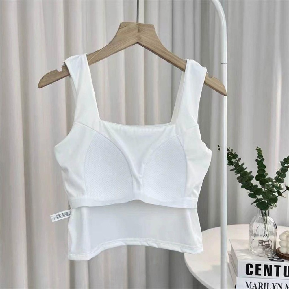 【Helena】冰絲方領背心 寬肩吊帶背心 胸墊運動外穿夏季內搭衣 露臍短款打底上衣 背心 上衣女【A172】-細節圖7