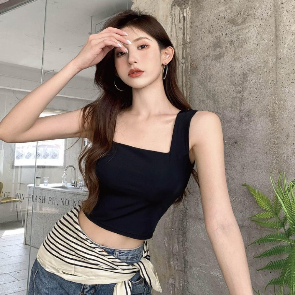 【Helena】冰絲方領背心 寬肩吊帶背心 胸墊運動外穿夏季內搭衣 露臍短款打底上衣 背心 上衣女【A172】-細節圖8