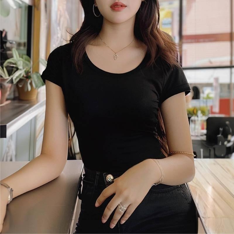 【Helena】螺紋冰絲短袖上衣 彈力U領上衣 短袖t恤 短袖打底衫 高彈涼感修身顯瘦圓領上衣 上衣女【A1167】-細節圖2