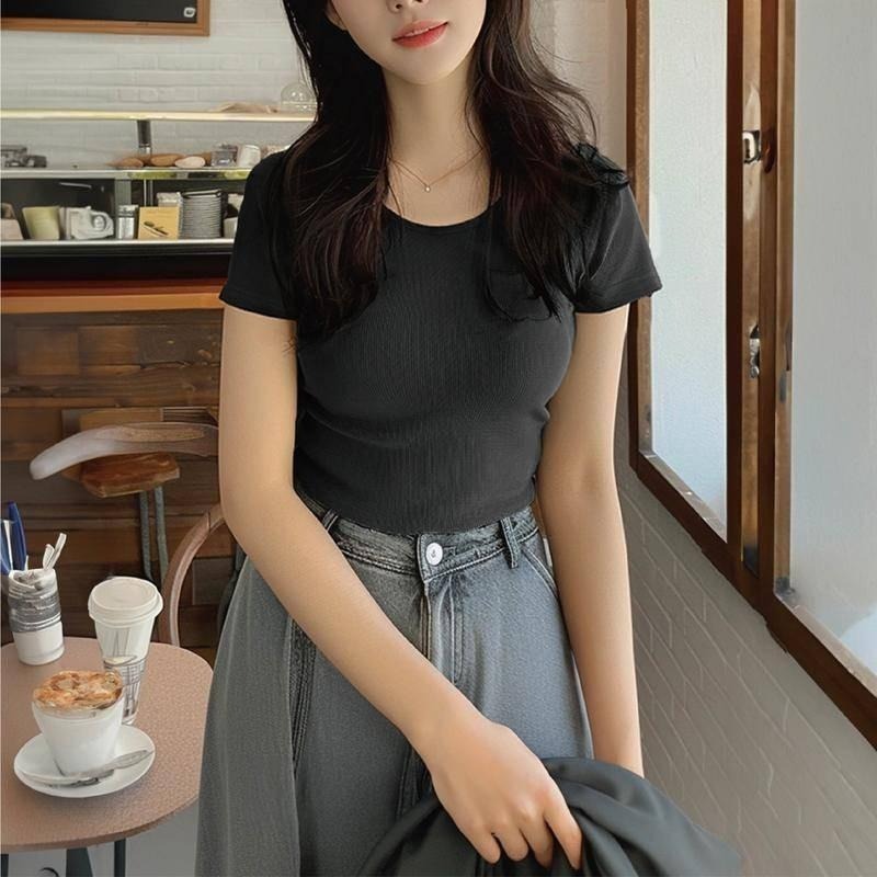 【Helena】螺紋冰絲短袖上衣 彈力U領上衣 短袖t恤 短袖打底衫 高彈涼感修身顯瘦圓領上衣 上衣女【A1167】-細節圖3