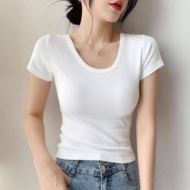 【Helena】螺紋冰絲短袖上衣 彈力U領上衣 短袖t恤 短袖打底衫 高彈涼感修身顯瘦圓領上衣 上衣女【A1167】-細節圖4