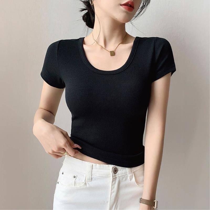 【Helena】螺紋冰絲短袖上衣 彈力U領上衣 短袖t恤 短袖打底衫 高彈涼感修身顯瘦圓領上衣 上衣女【A1167】-細節圖5