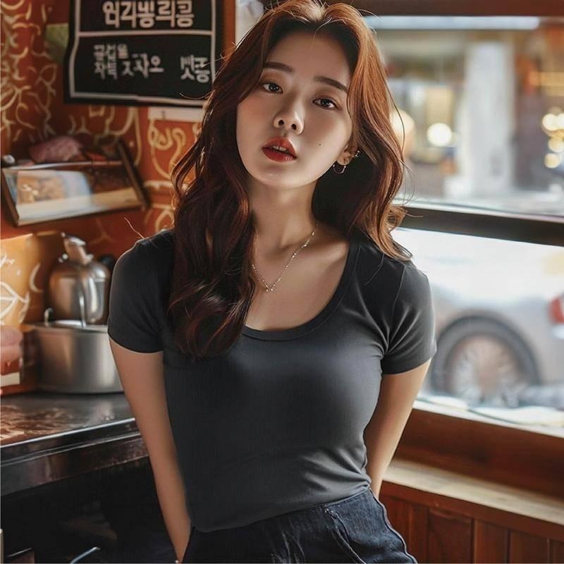 【Helena】螺紋冰絲短袖上衣 彈力U領上衣 短袖t恤 短袖打底衫 高彈涼感修身顯瘦圓領上衣 上衣女【A1167】-細節圖7