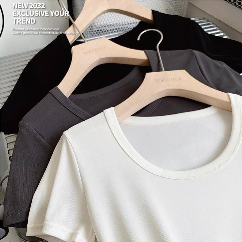 【Helena】螺紋冰絲短袖上衣 彈力U領上衣 短袖t恤 短袖打底衫 高彈涼感修身顯瘦圓領上衣 上衣女【A1167】-細節圖8