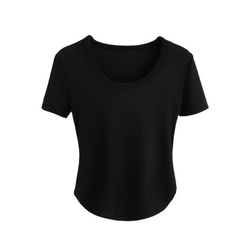 【Helena】螺紋冰絲短袖上衣 彈力U領上衣 短袖t恤 短袖打底衫 高彈涼感修身顯瘦圓領上衣 上衣女【A1167】-細節圖9