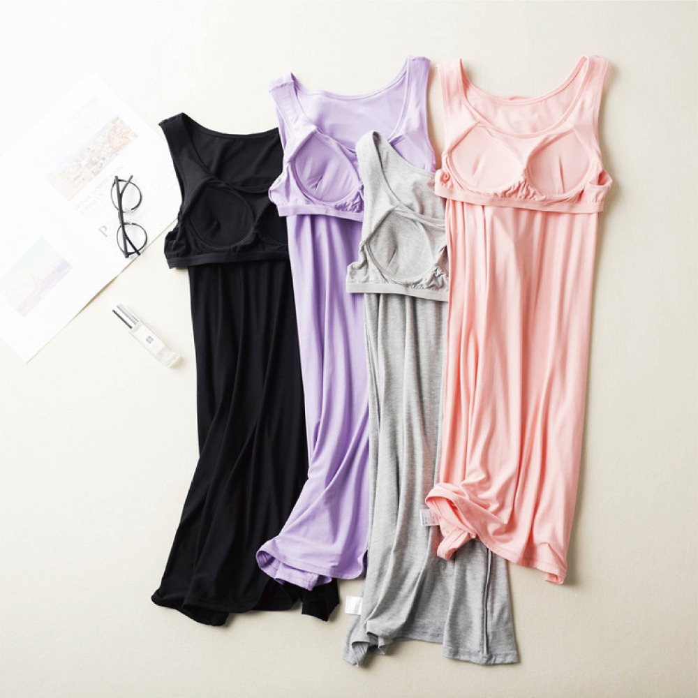 【Helena】莫代爾免穿內衣無鋼圈bra內衣連身裙 涼感睡衣 背心睡裙 居家服 孕婦睡衣 素色連身裙【B112】-細節圖2