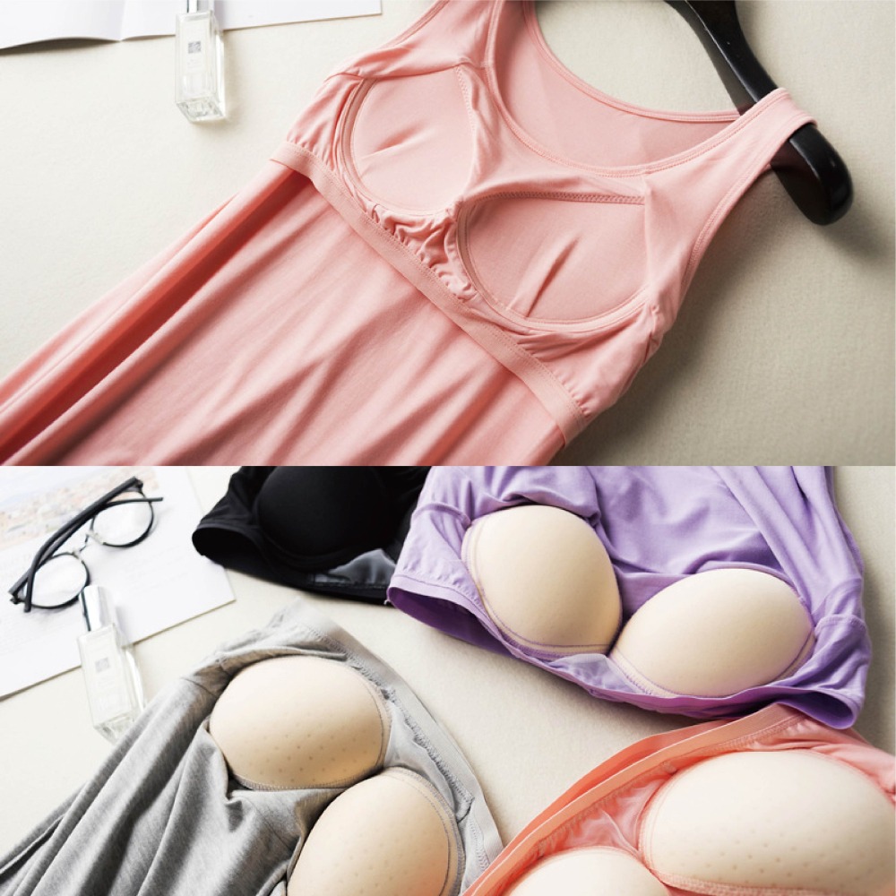 【Helena】莫代爾免穿內衣無鋼圈bra內衣連身裙 涼感睡衣 背心睡裙 居家服 孕婦睡衣 素色連身裙【B112】-細節圖3