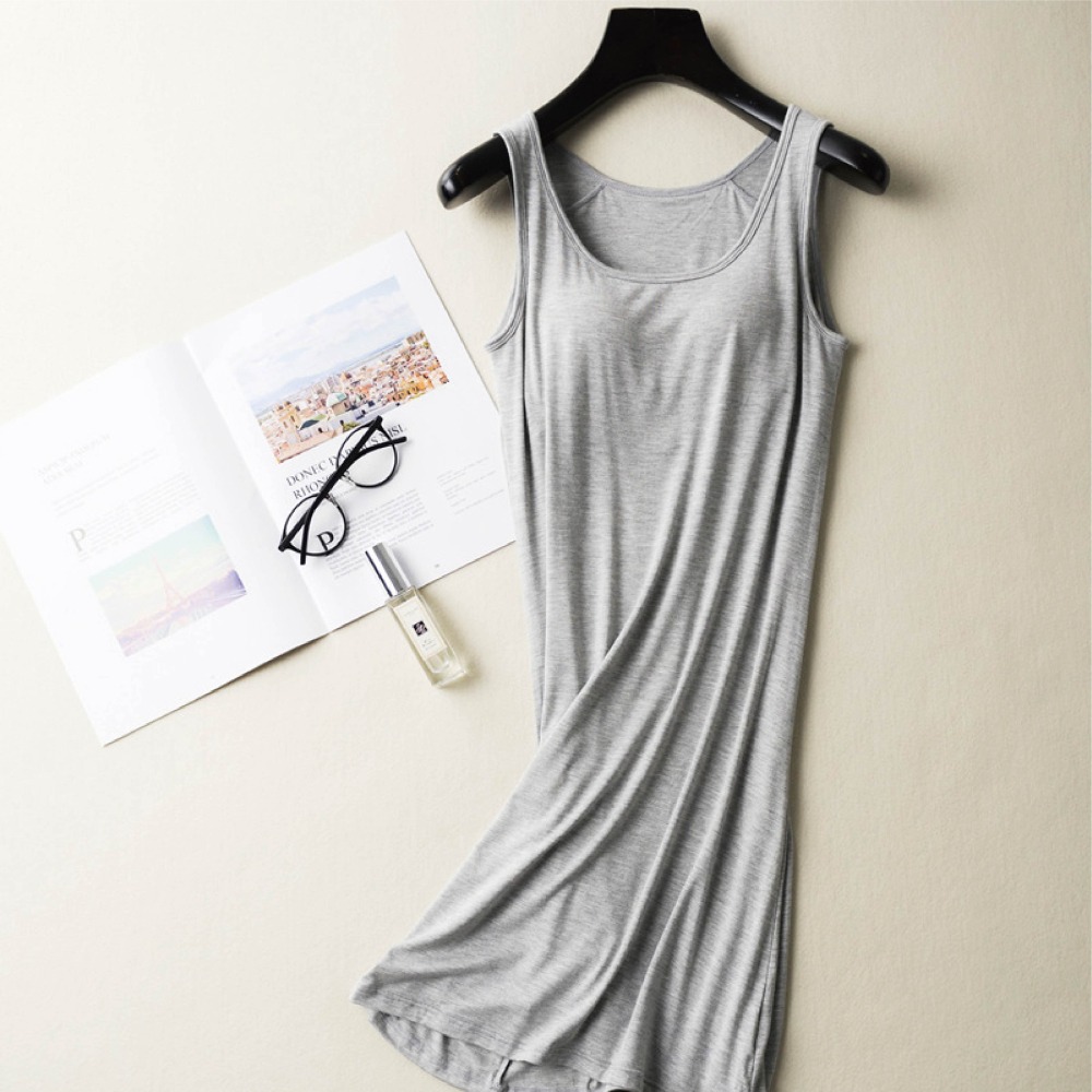 【Helena】莫代爾免穿內衣無鋼圈bra內衣連身裙 涼感睡衣 背心睡裙 居家服 孕婦睡衣 素色連身裙【B112】-細節圖6