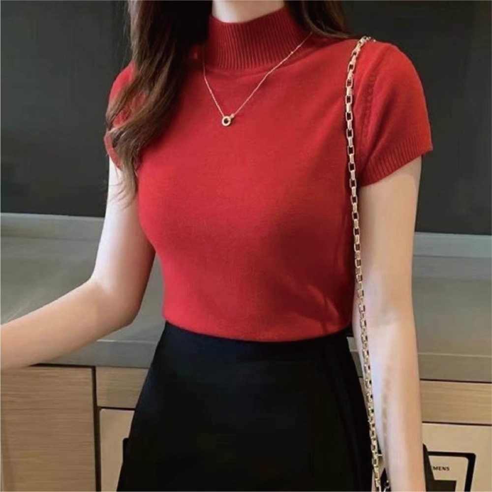 【限時購】【海麗娜】包心紗半高領針織上衣 短袖針織 毛衣背心 素色簡約韓版顯瘦氣質優雅包芯上衣 針織衫【A267】-細節圖5