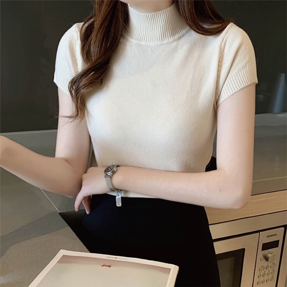 【限時購】【海麗娜】包心紗半高領針織上衣 短袖針織 毛衣背心 素色簡約韓版顯瘦氣質優雅包芯上衣 針織衫【A267】-細節圖8