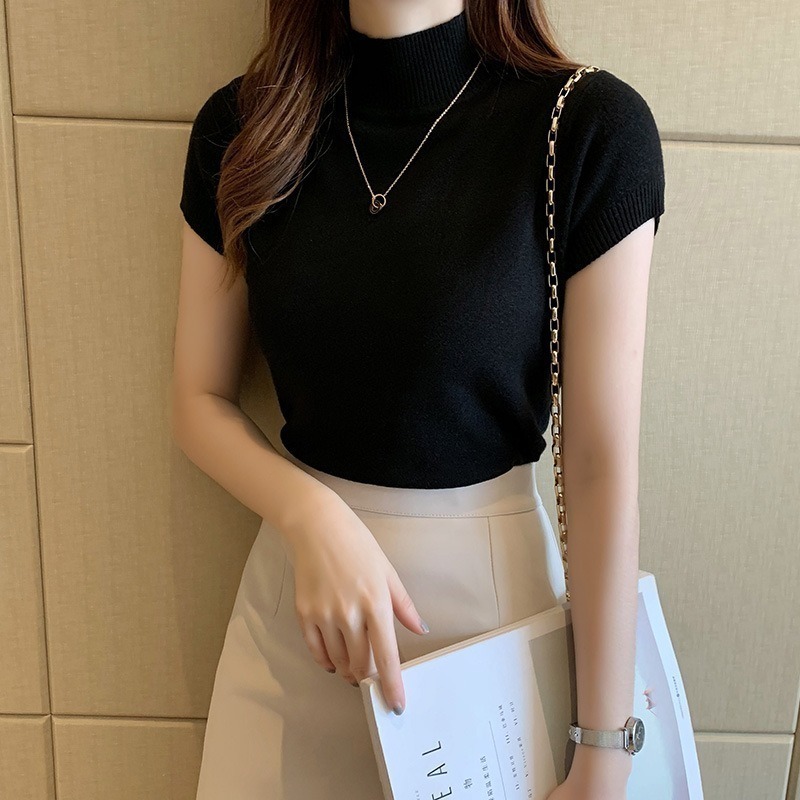 【限時購】【海麗娜】包心紗半高領針織上衣 短袖針織 毛衣背心 素色簡約韓版顯瘦氣質優雅包芯上衣 針織衫【A267】-細節圖7