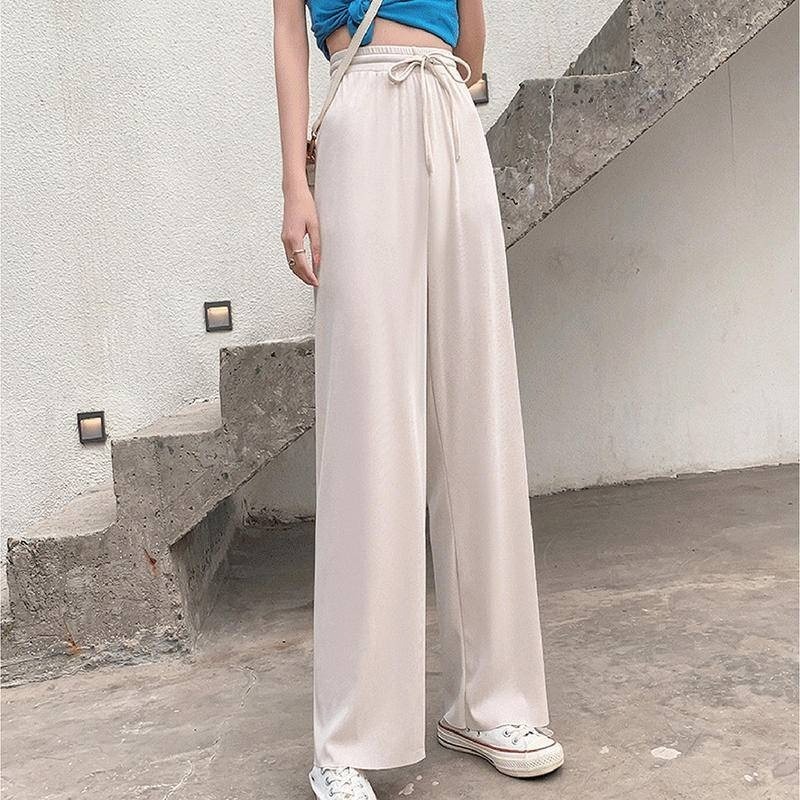 【Helena】闊腿褲 拖地褲 直筒長褲 冰絲垂墜感透氣涼爽高腰顯瘦大尺碼薄款純色落地休閒褲 寬褲【C138】-細節圖2