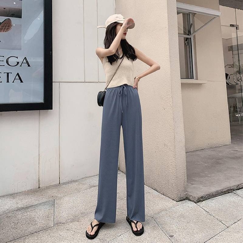 【Helena】闊腿褲 拖地褲 直筒長褲 冰絲垂墜感透氣涼爽高腰顯瘦大尺碼薄款純色落地休閒褲 寬褲【C138】-細節圖5