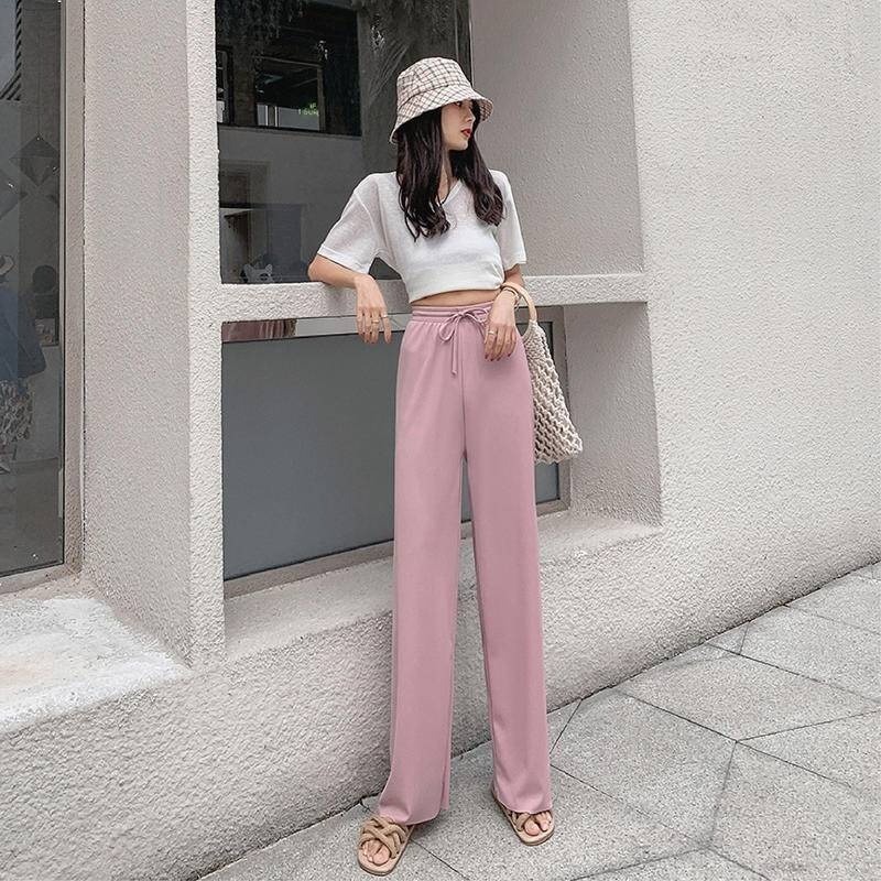 【Helena】闊腿褲 拖地褲 直筒長褲 冰絲垂墜感透氣涼爽高腰顯瘦大尺碼薄款純色落地休閒褲 寬褲【C138】-細節圖8