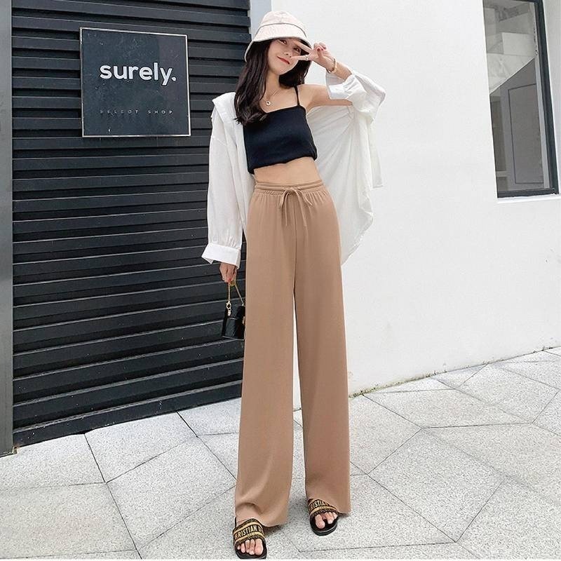 【海麗娜】冰絲闊腿褲 顯瘦涼爽落地褲 休閒直筒長褲 寬褲 高腰垂感透氣大尺碼薄款拖地褲 褲子女【C138】-細節圖7