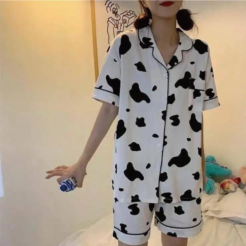 【Helena】甜美可愛女生 乳牛睡衣 小熊睡衣 開衫短袖睡衣 兩件式家居服 長褲  睡衣套裝 睡衣女【A1118】-細節圖4