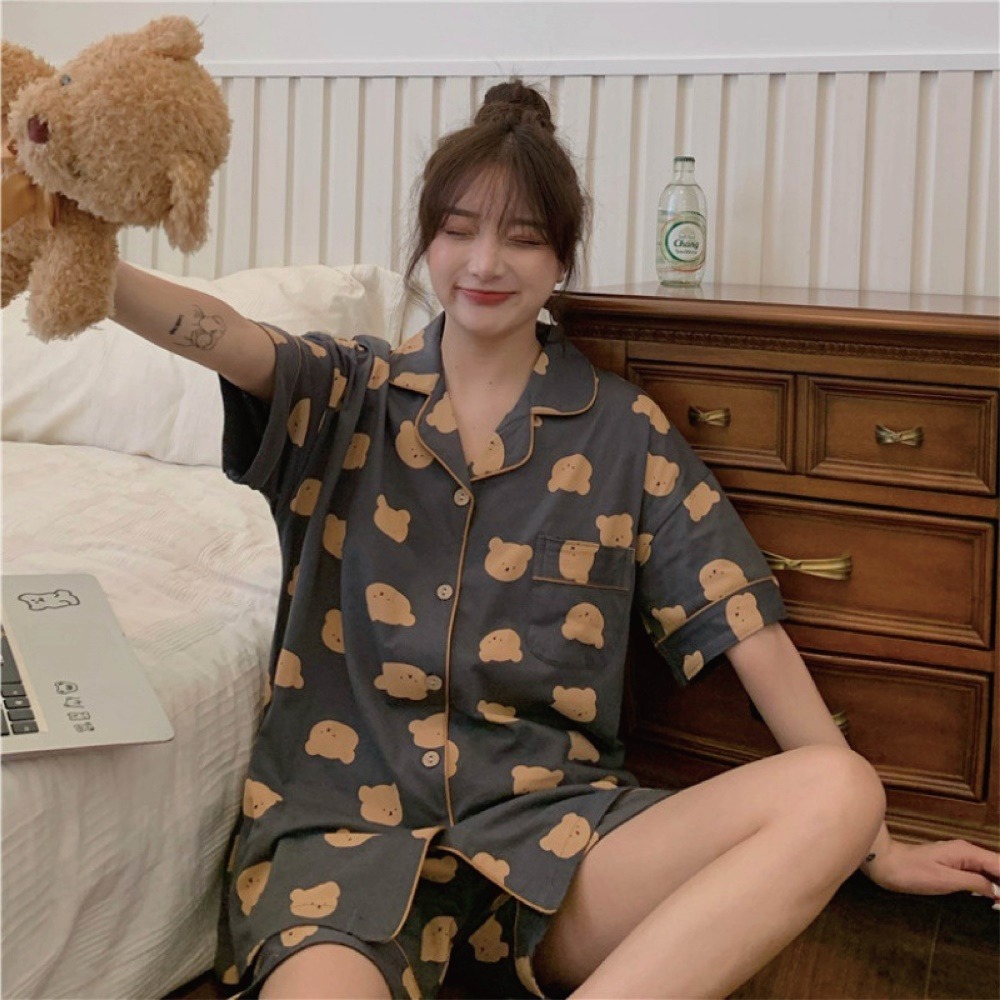 【Helena】甜美可愛女生 乳牛睡衣 小熊睡衣 開衫短袖睡衣 兩件式家居服 長褲  睡衣套裝 睡衣女【A1118】-細節圖6