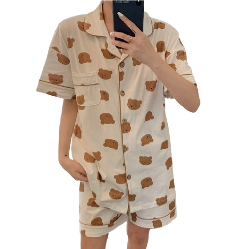 【Helena】甜美可愛女生 乳牛睡衣 小熊睡衣 開衫短袖睡衣 兩件式家居服 長褲  睡衣套裝 睡衣女【A1118】-細節圖9