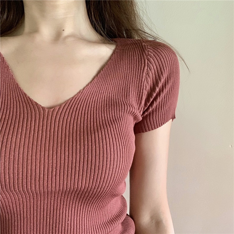 【Helena】V領針織短袖上衣 復古色系短袖t恤 女裝 韓版顯瘦上衣 衣服 寬鬆上衣 短袖T恤 素T【A1184】-細節圖5