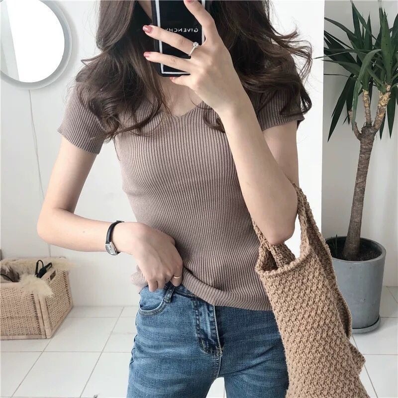 【Helena】V領針織短袖上衣 復古色系短袖t恤 女裝 韓版顯瘦上衣 衣服 寬鬆上衣 短袖T恤 素T【A1184】-細節圖6