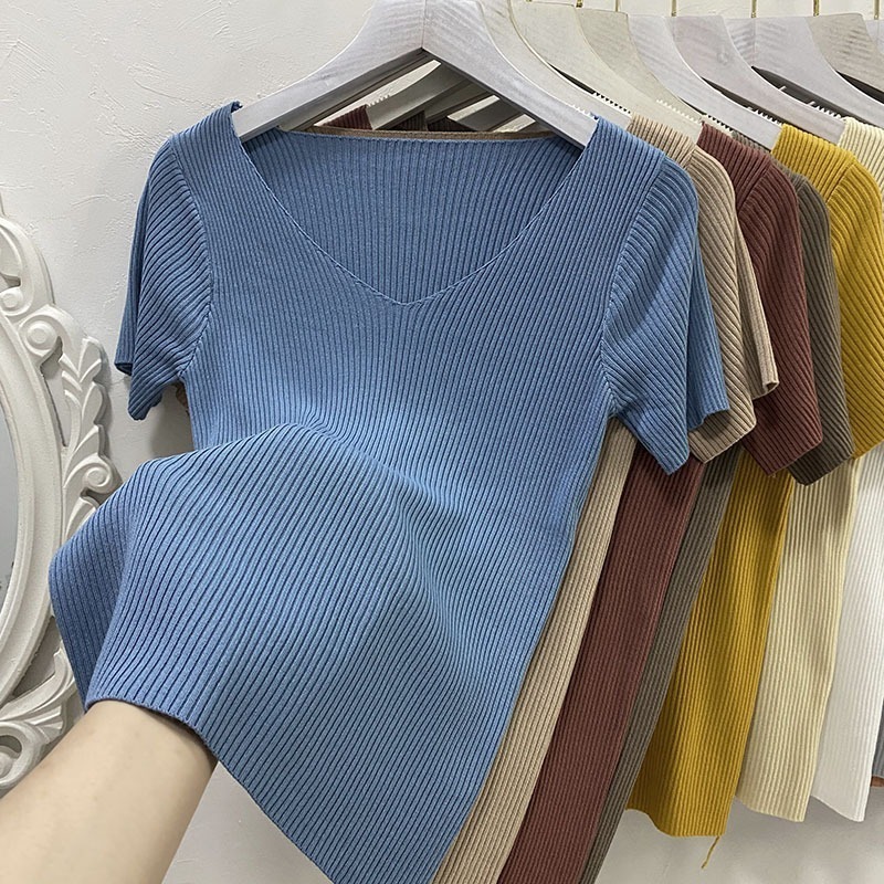 【Helena】V領針織短袖上衣 復古色系短袖t恤 女裝 韓版顯瘦上衣 衣服 寬鬆上衣 短袖T恤 素T【A1184】-細節圖10