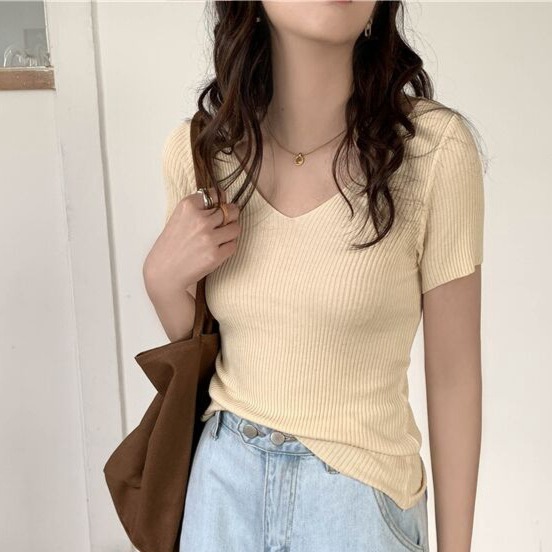 【Helena】V領針織短袖上衣 復古色系短袖t恤 女裝 韓版顯瘦上衣 衣服 寬鬆上衣 短袖T恤 素T【A1184】-規格圖10