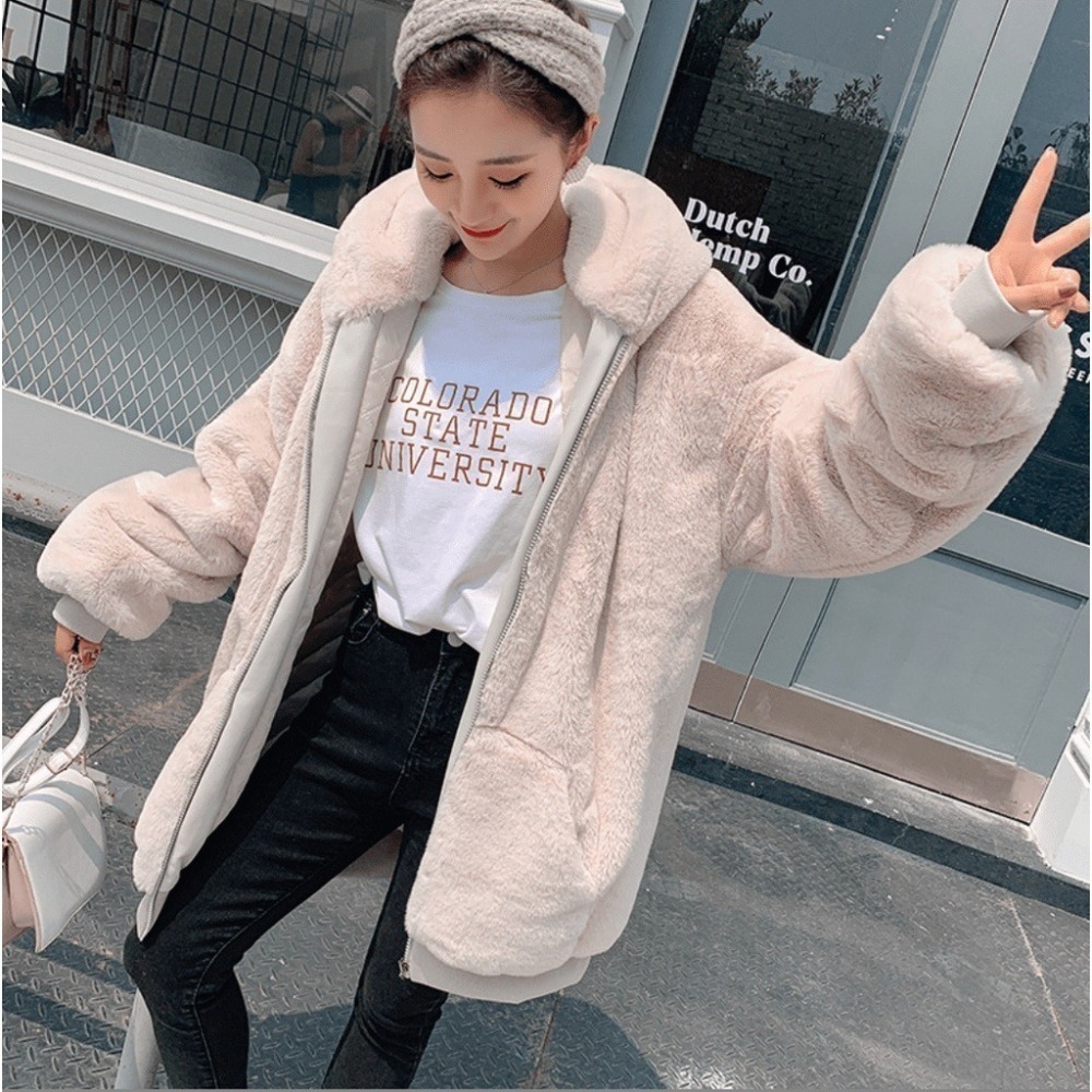 【Helena】韓版毛毛絨皮草外套女 中長款 冬季繭型 拉鍊 仿兔毛 內裏鋪棉 連帽大衣寬鬆 刷毛大外套【A2178】-細節圖3