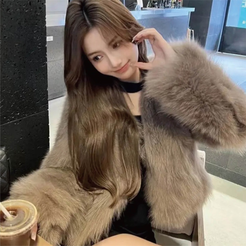 【海麗娜】韓版毛絨皮草外套 仿狐狸毛 短版上衣 毛衣外套 典雅純色V領寬鬆休閒百搭開衫衣 外套女【A2116】-細節圖8
