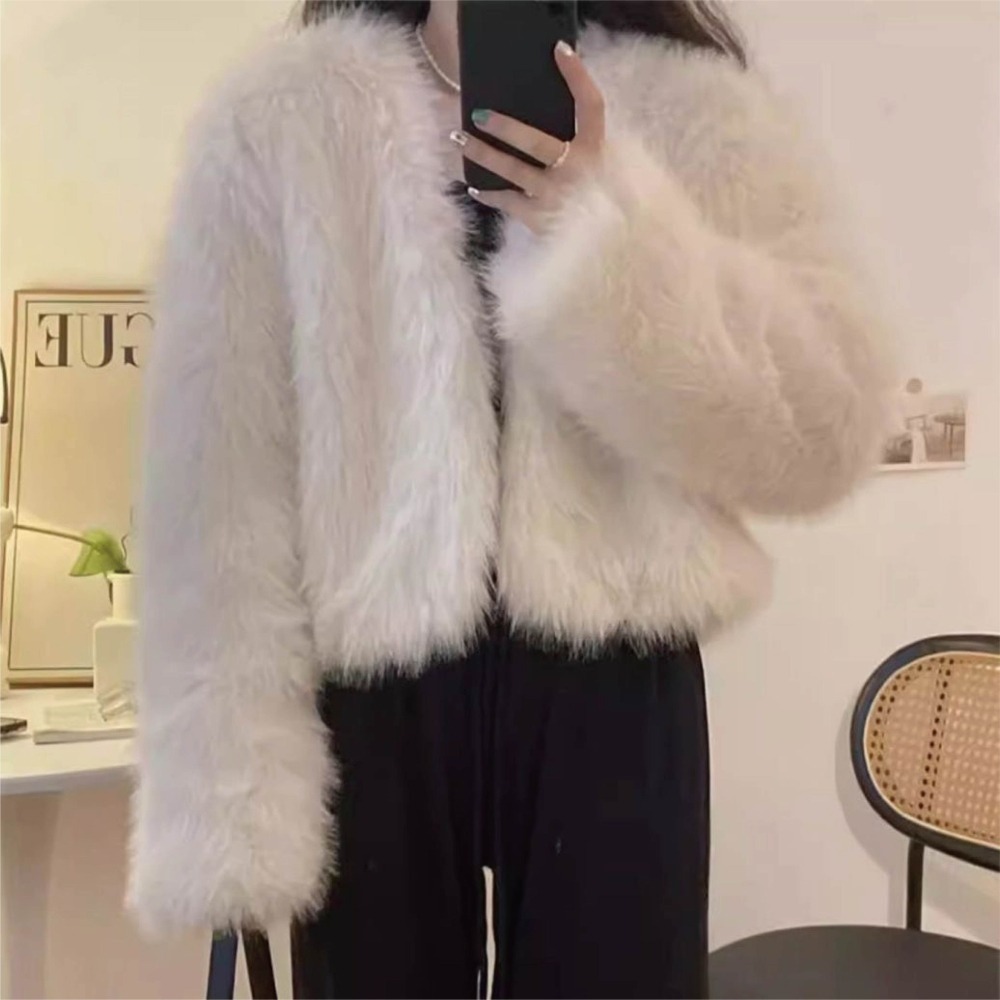 【海麗娜】韓版毛絨皮草外套 仿狐狸毛 短版上衣 毛衣外套 典雅純色V領寬鬆休閒百搭開衫衣 外套女【A2116】-細節圖10