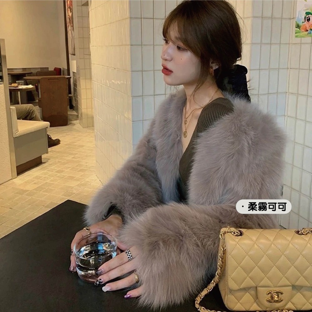 【海麗娜】韓版毛絨皮草外套 仿狐狸毛 短版上衣 毛衣外套 典雅純色V領寬鬆休閒百搭開衫衣 外套女【A2116】-規格圖10