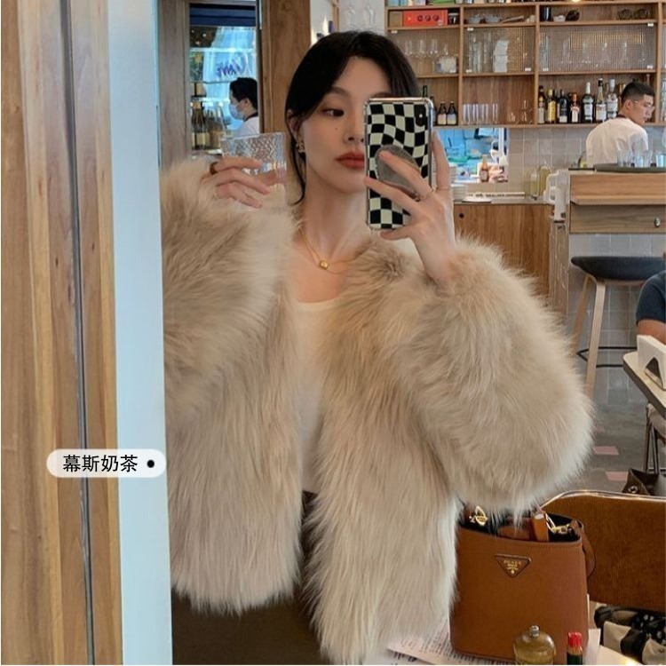 【海麗娜】韓版毛絨皮草外套 仿狐狸毛 短版上衣 毛衣外套 典雅純色V領寬鬆休閒百搭開衫衣 外套女【A2116】-規格圖10