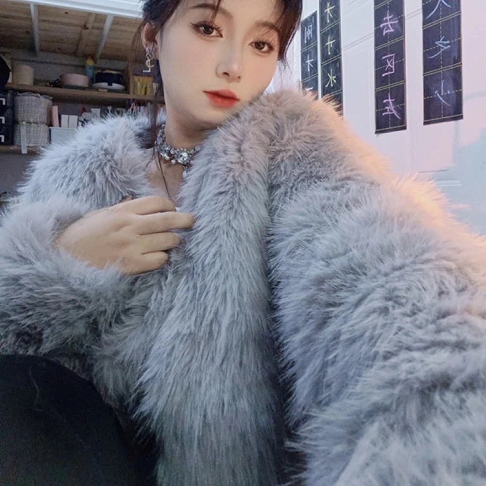 【海麗娜】韓版毛絨皮草外套 仿狐狸毛 短版上衣 毛衣外套 典雅純色V領寬鬆休閒百搭開衫衣 外套女【A2116】-規格圖10