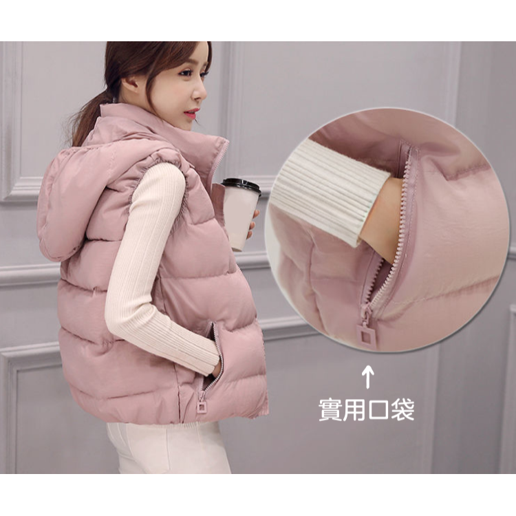 【限時購】【海麗娜】羽絨棉背心 連帽背心 羽絨棉馬甲 短版背心 麵包服 抗寒保暖修身顯瘦百搭背心【A2101】-細節圖4
