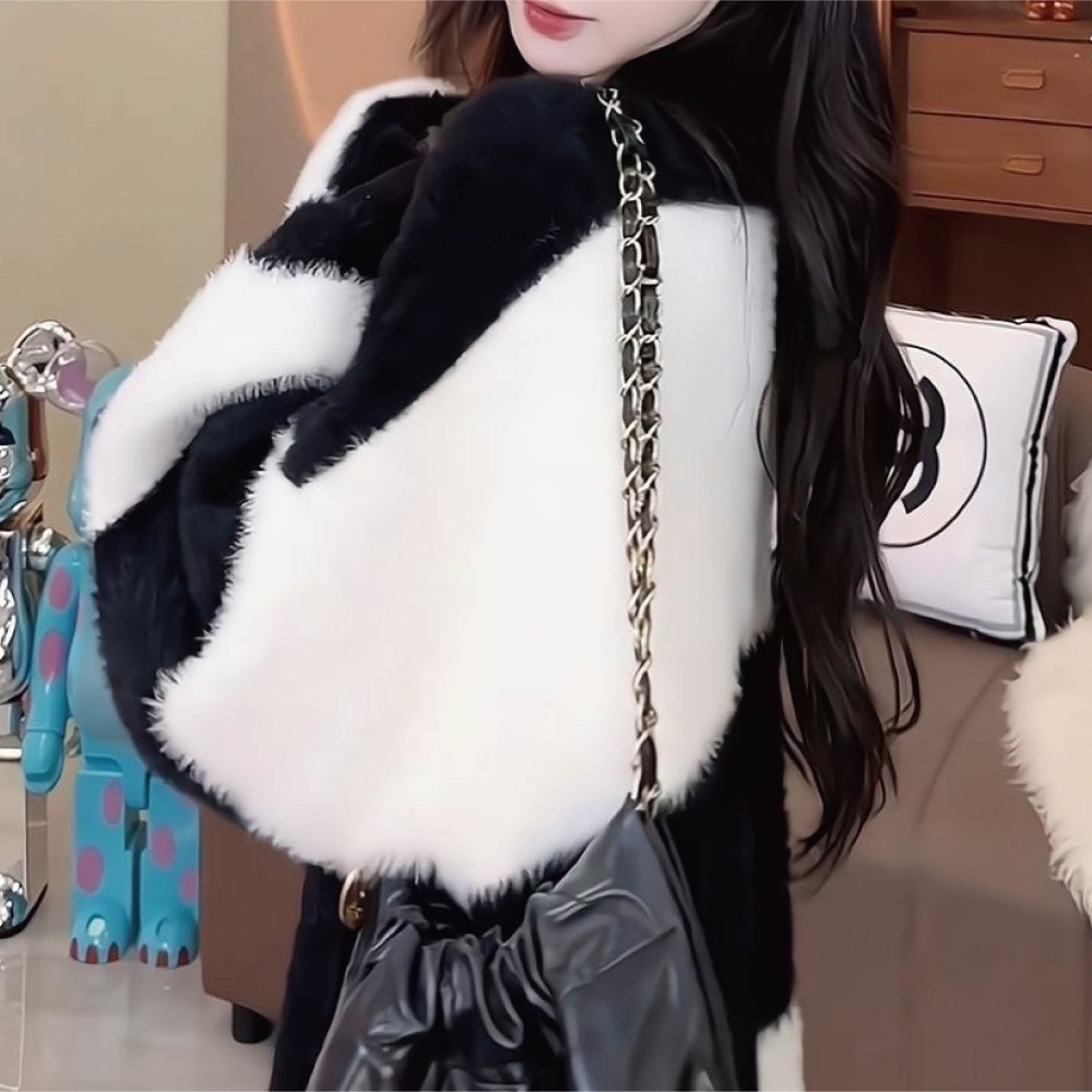 【海麗娜】條紋V領加厚針織外套 水貂絨毛衣 撞色黑白條紋毛毛絨開衫外套 慵懶風韓版寬鬆百搭針織衫【A2145】-細節圖5