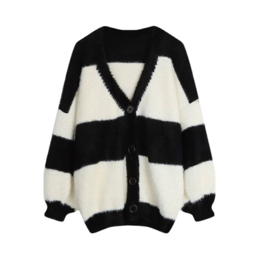 【Helena】條紋V領加厚針織外套 水貂絨毛衣 撞色黑白條紋毛毛絨開衫外套 慵懶風韓版寬鬆百搭針織衫【A2145】-細節圖9