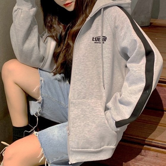 【Helena】長袖外套 連帽外套 衛衣外套 拉鍊外套 帽t 連帽衛衣 寬鬆顯瘦百搭原宿風學院風 上衣女【A232】-細節圖7