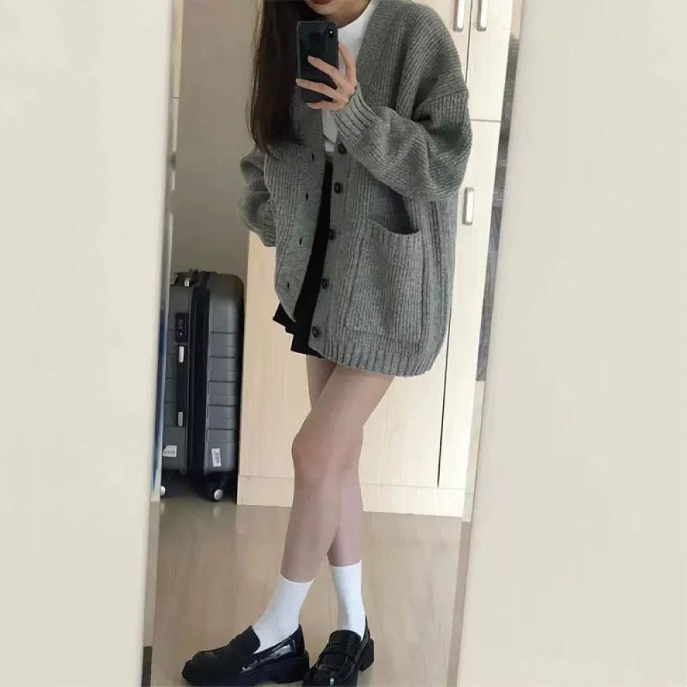 【限時購】【海麗娜】慵懶復古風針織外套 V領外套 中長版外套 毛衣 保暖外套 韓版寬鬆顯瘦休閒開衫衣【A2204】-細節圖8