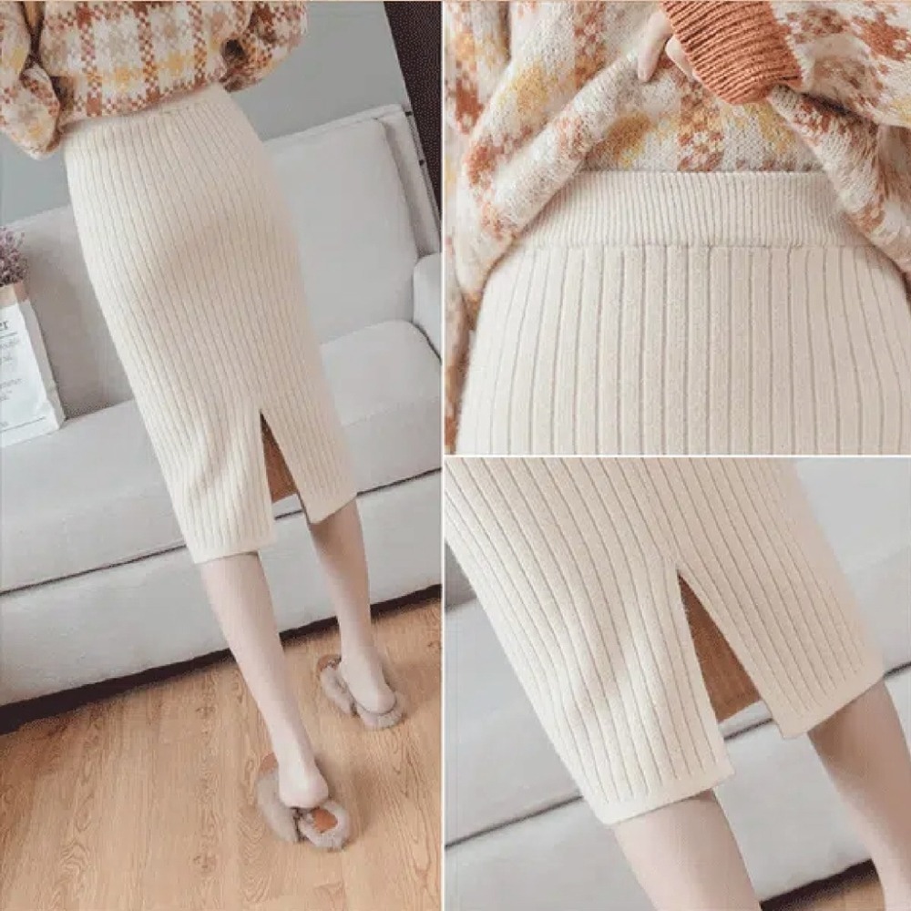 【Helena】針織長裙 開叉裙 中長裙 毛線裙 針織裙 韓版純色簡約高腰修身百搭包臀裙 裙子女【C22】-細節圖2