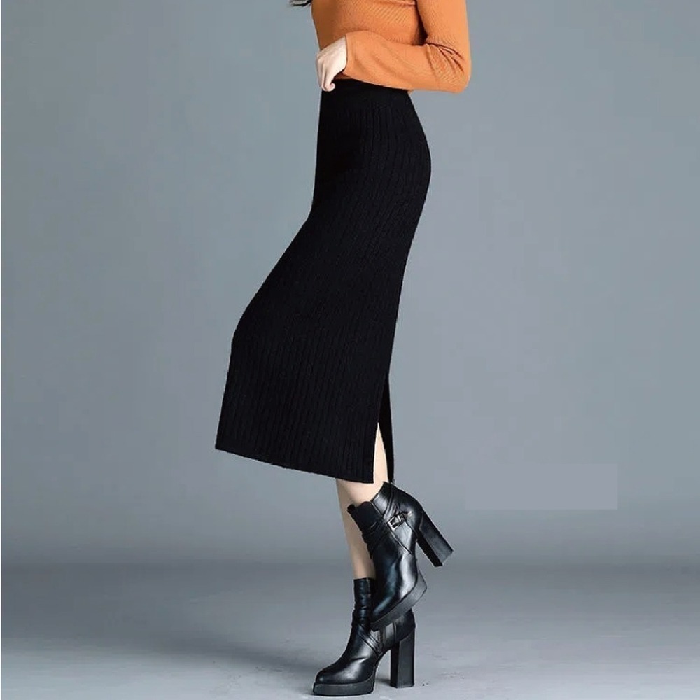 【Helena】針織長裙 開叉裙 中長裙 毛線裙 針織裙 韓版純色簡約高腰修身百搭包臀裙 裙子女【C22】-細節圖3