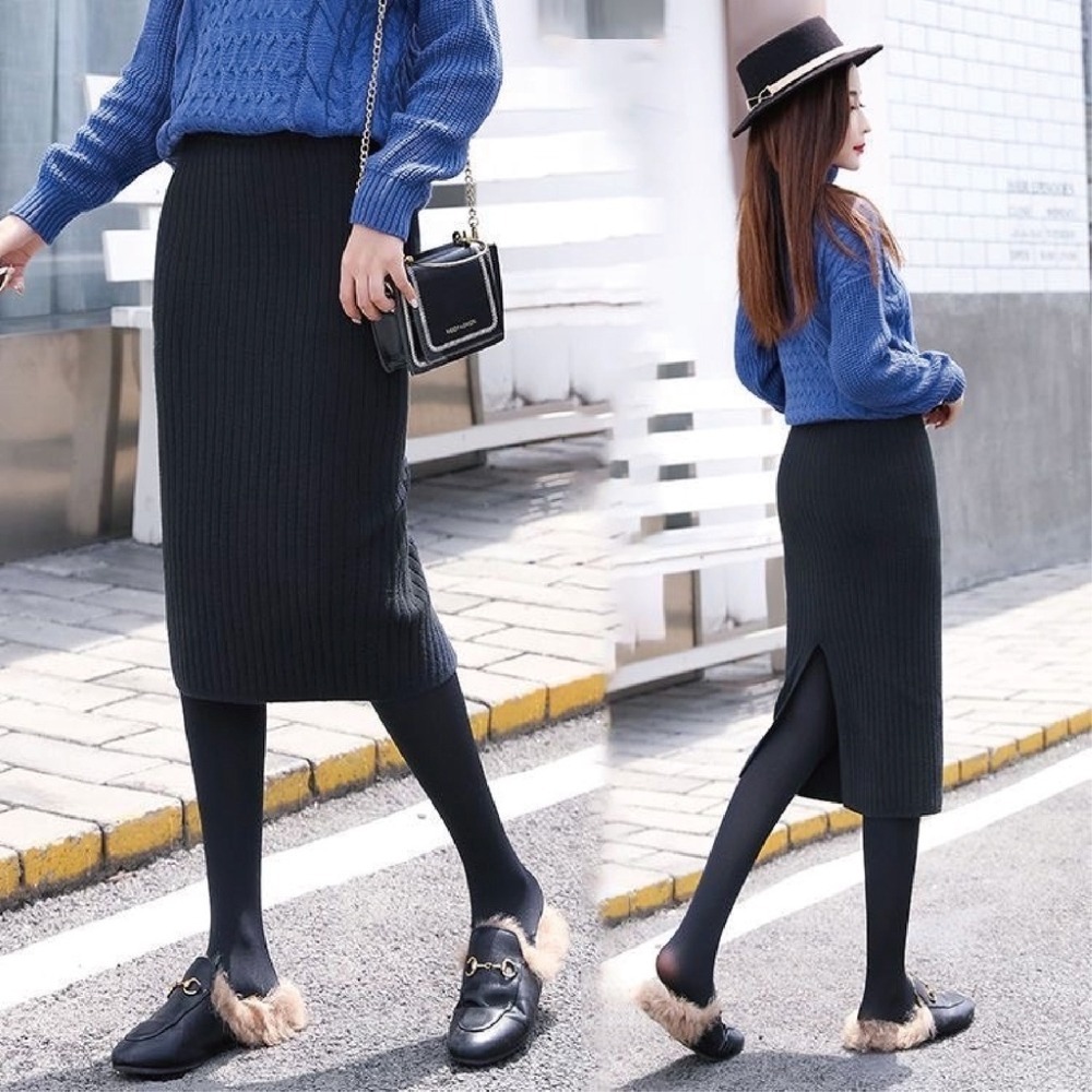 【Helena】針織長裙 開叉裙 中長裙 毛線裙 針織裙 韓版純色簡約高腰修身百搭包臀裙 裙子女【C22】-細節圖4