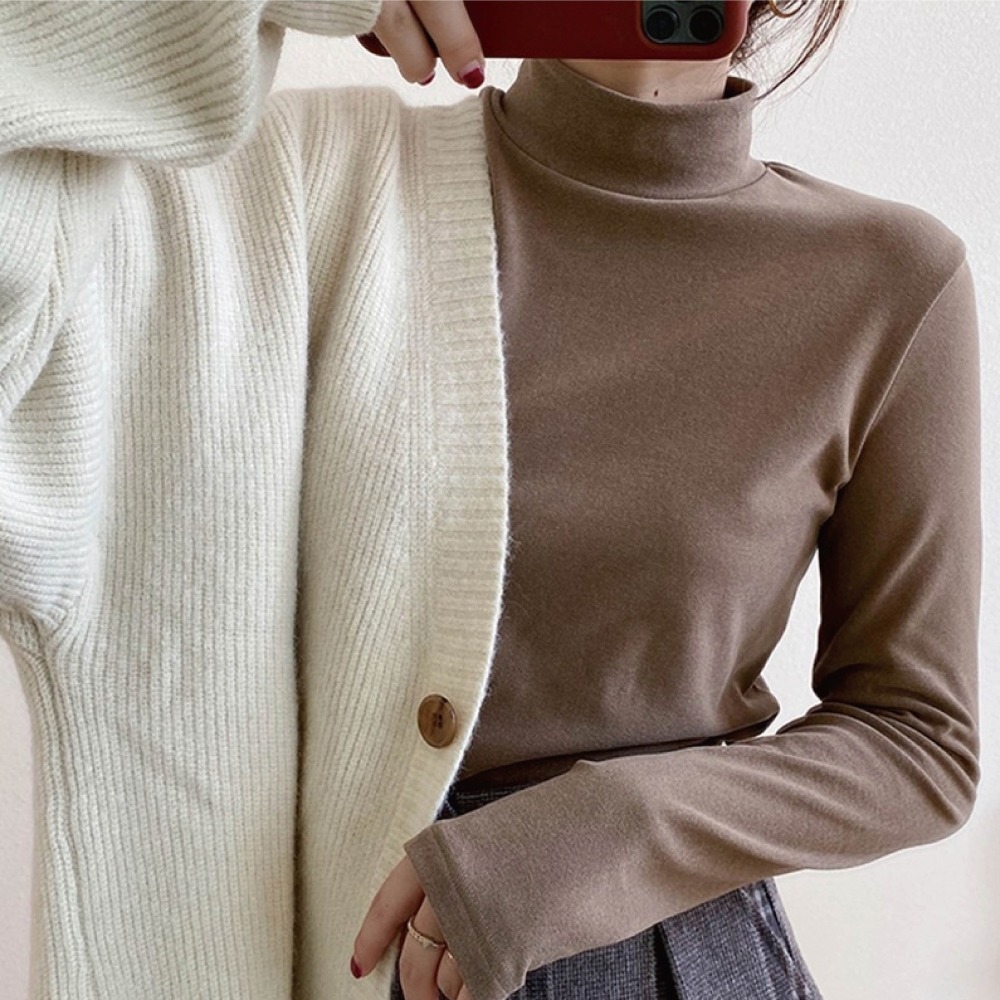【海麗娜】德絨半高領上衣 內搭上衣 發熱衣 長袖 微高領素色緊身保暖加絨打底衫 秋冬上衣【A2202】-細節圖4