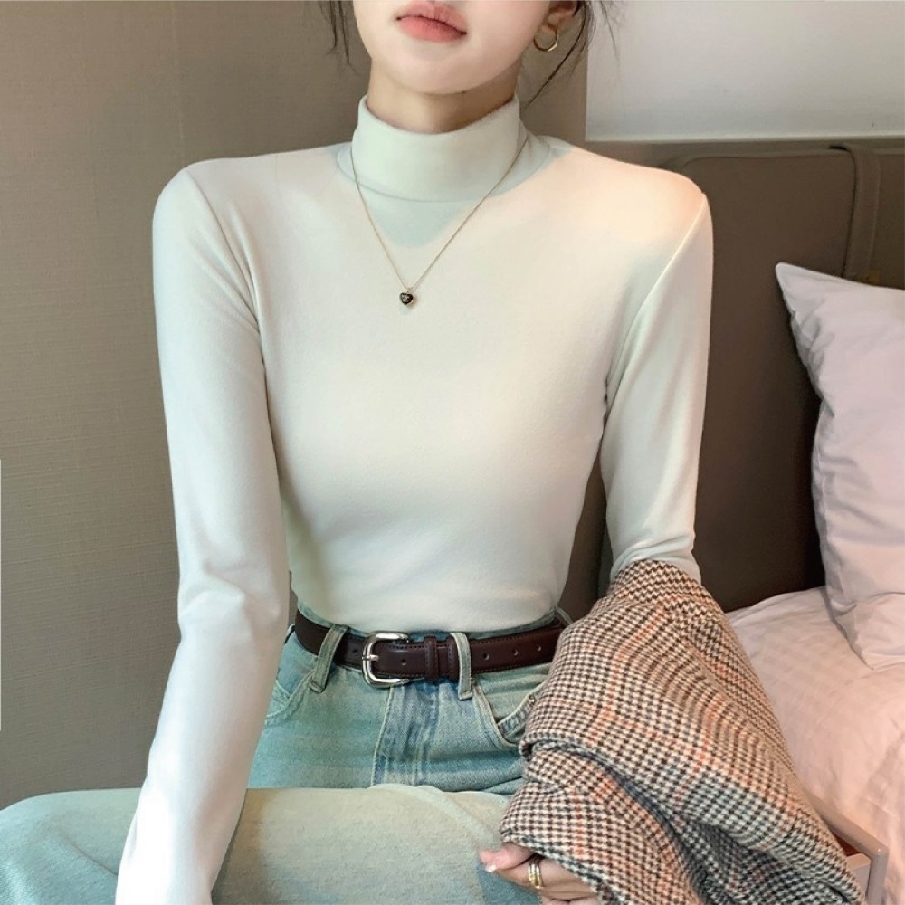 【海麗娜】德絨半高領上衣 內搭上衣 發熱衣 長袖 微高領素色緊身保暖加絨打底衫 秋冬上衣【A2202】-細節圖5