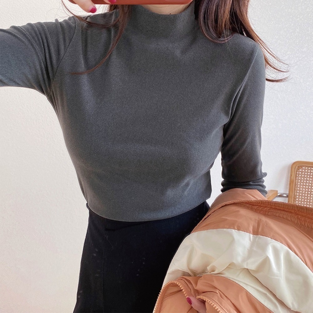 【海麗娜】德絨半高領上衣 內搭上衣 發熱衣 長袖 微高領素色緊身保暖加絨打底衫 秋冬上衣【A2202】-細節圖7