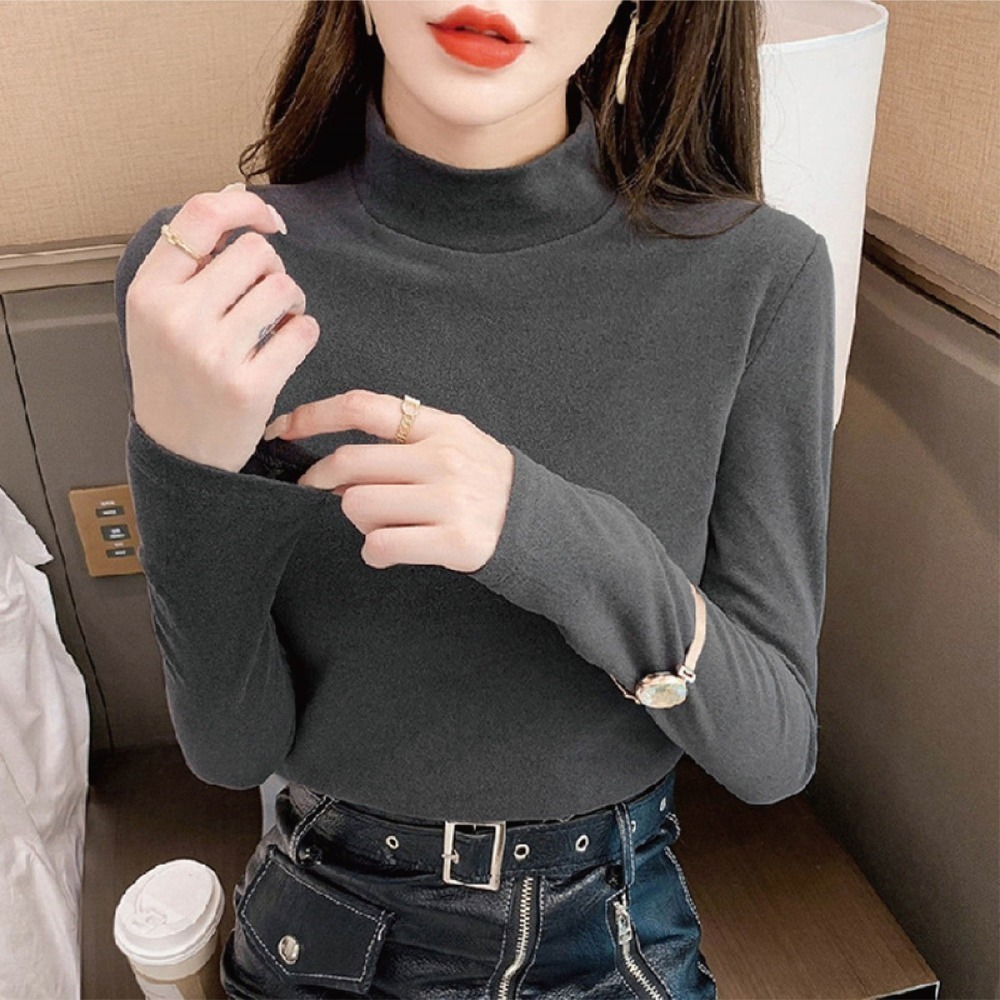 【海麗娜】德絨半高領上衣 內搭上衣 發熱衣 長袖 微高領素色緊身保暖加絨打底衫 秋冬上衣【A2202】-規格圖9