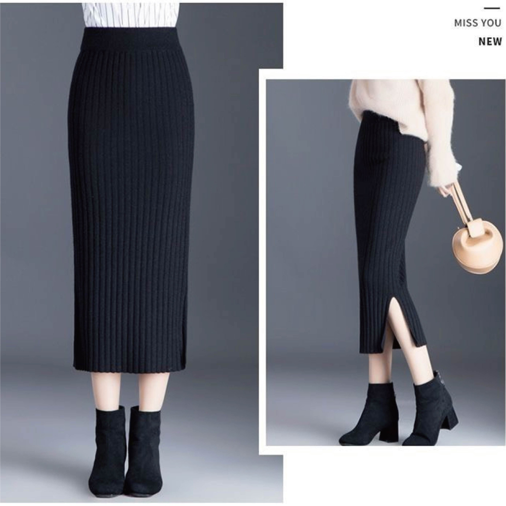 【Helena】開叉針織長裙 半身裙 針織裙 坑條毛線裙 素色韓版高腰顯瘦中長版包臀裙 裙子 女裝【C220】-細節圖2