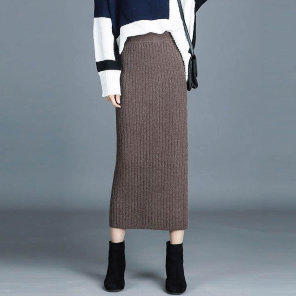 【Helena】開叉針織長裙 半身裙 針織裙 坑條毛線裙 素色韓版高腰顯瘦中長版包臀裙 裙子 女裝【C220】-細節圖3