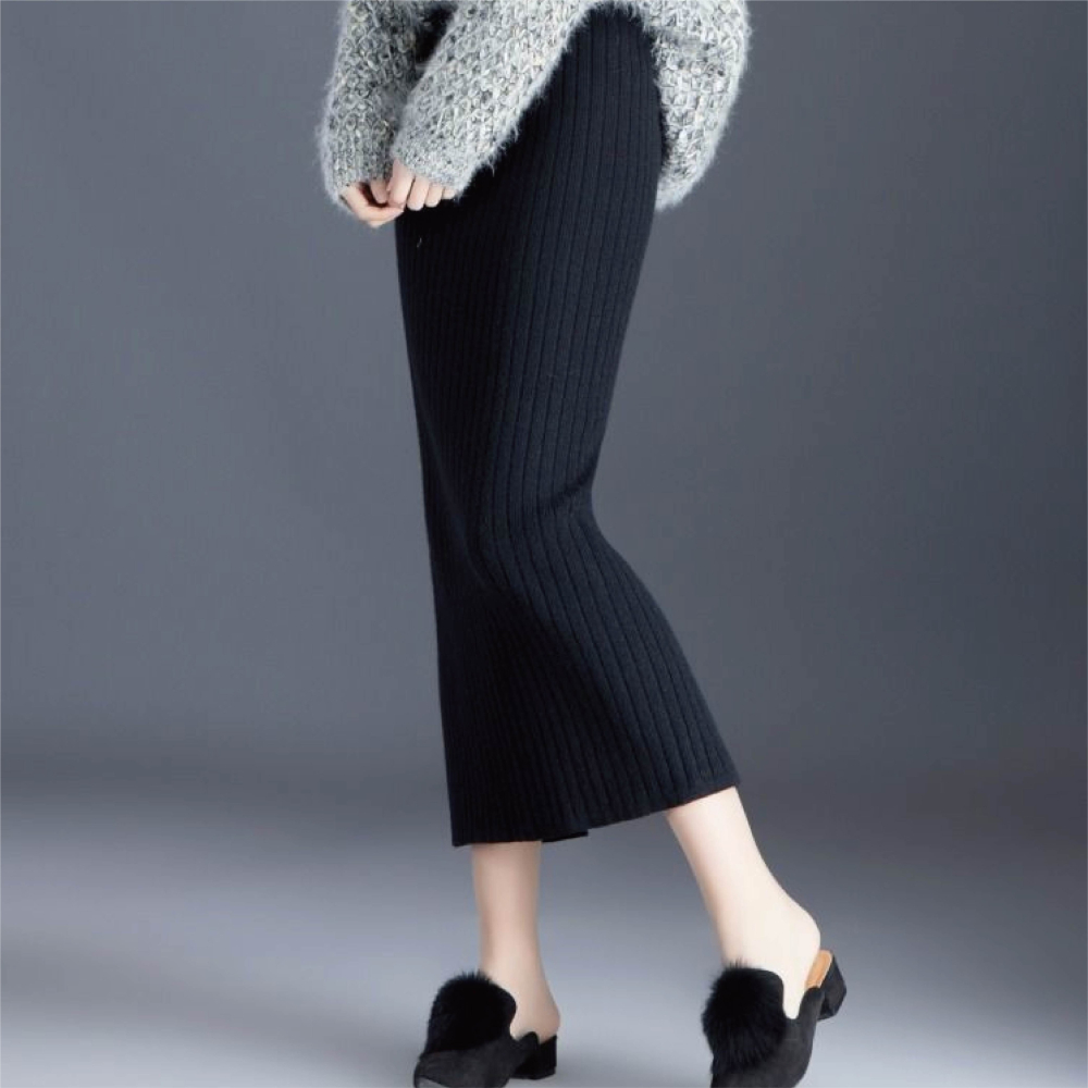 【Helena】開叉針織長裙 半身裙 針織裙 坑條毛線裙 素色韓版高腰顯瘦中長版包臀裙 裙子 女裝【C220】-細節圖4