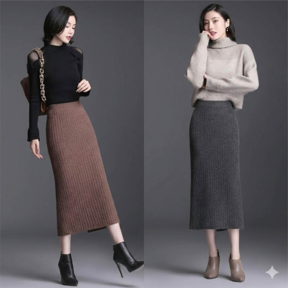 【Helena】開叉針織長裙 半身裙 針織裙 坑條毛線裙 素色韓版高腰顯瘦中長版包臀裙 裙子 女裝【C220】-細節圖6