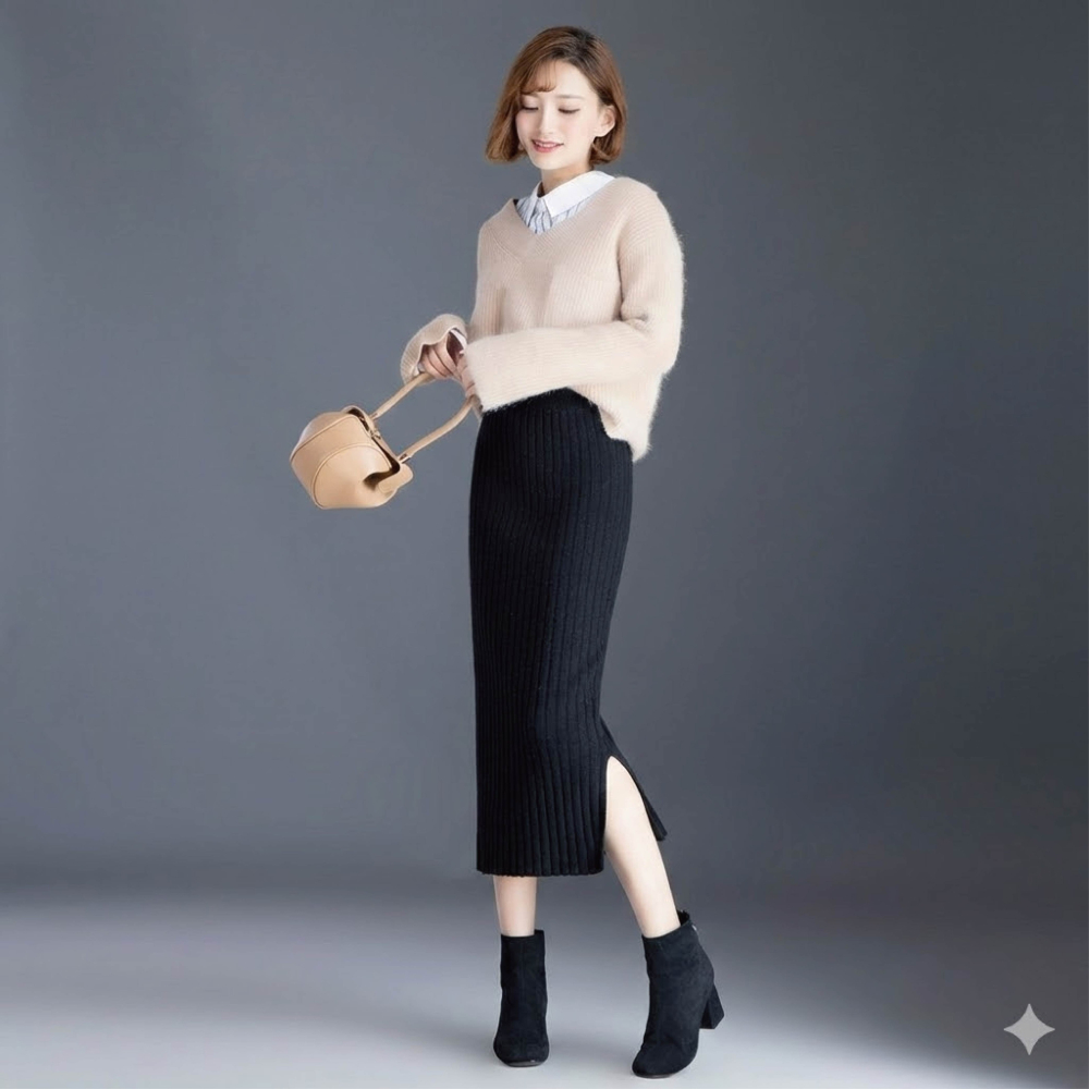 【Helena】開叉針織長裙 半身裙 針織裙 坑條毛線裙 素色韓版高腰顯瘦中長版包臀裙 裙子 女裝【C220】-細節圖7